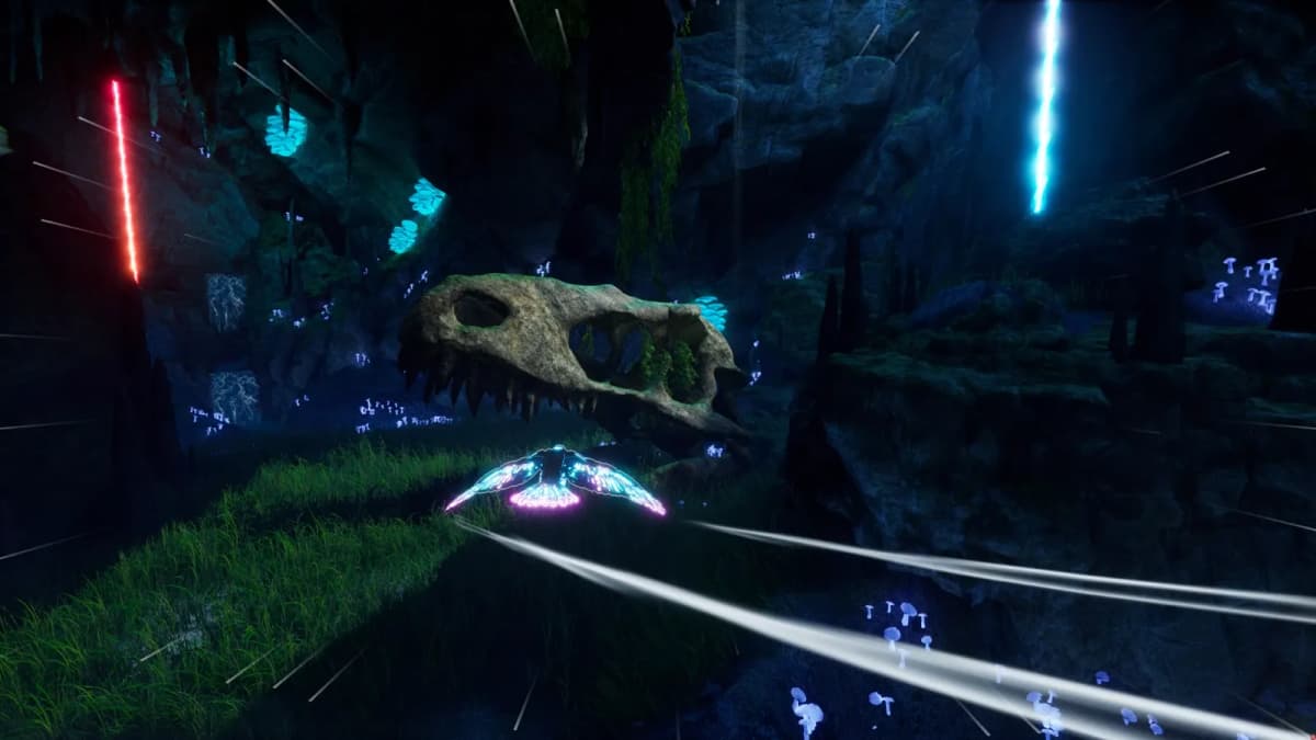 A glowing-winged crow flying through a neon-lit cavern past a giant skull