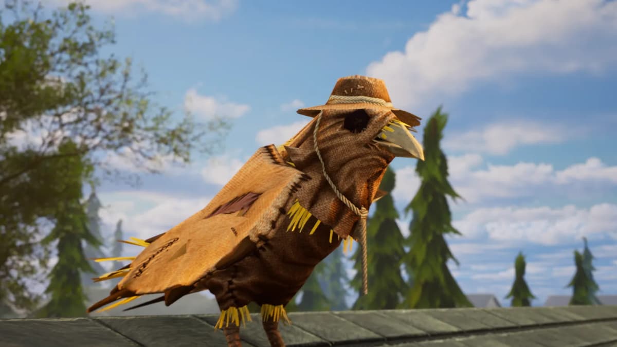 A crow wearing a burlap scarecrow outfit perched on a suburban roof
